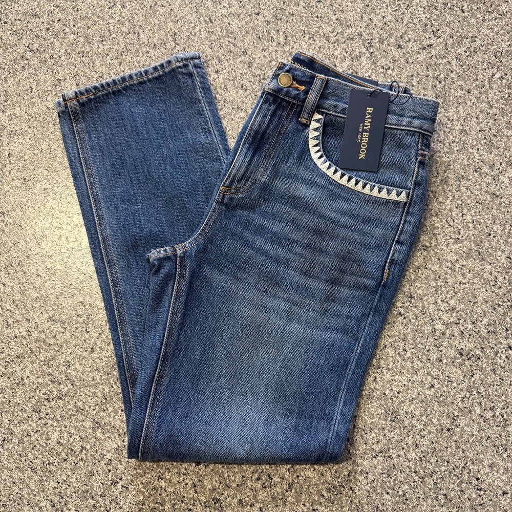 Ramy Brook Jeans Womens 24x26.5 Joy Embroidered Crop Straight Leg Medium Wash